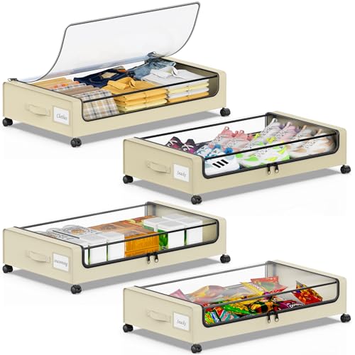 Beborxue Under Bed Storage with Wheels, 4-Pack Under Bed Storage Containers with Clear Lids, XXL 60L Under Bed Shoe Storage Organizer, Rolling Underbed Storage for Clothes, Shoes, Blankets (Beige) - color: 4 Pack-Beige