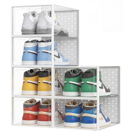 Pinkpum XXL Larger Shoe Storage Boxes Fit Size 14, Clear Plastic Stackable Shoe Organizer 6 Pack Sneaker Storage for Sneakerheads Shoe Containers - color: White, size: 6 Pack XX-Large