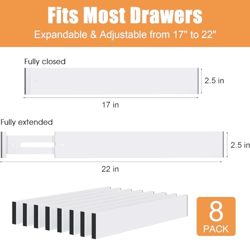 Bamboo Drawer Dividers,17-22" Adjustable Kitchen Drawer Organizer for Clothes,8 Pack Expandable Drawer Organization Separators for Bedroom,Bathroom,Dresser and Office,White - color: White-8Pack, size: 17-22 IN