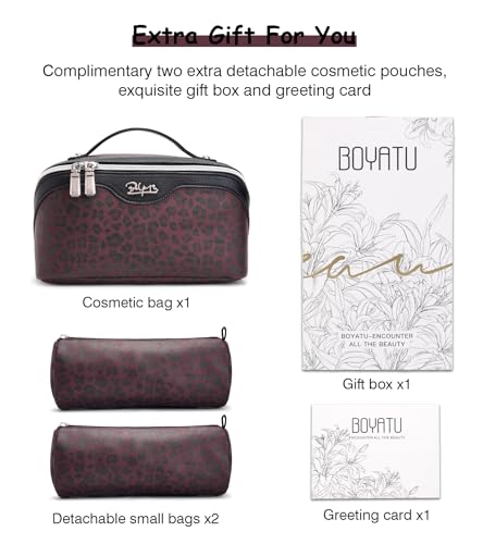 BOYATU Travel Makeup Bags Organizer for Women: 3 Pcs Set Cosmetic Bag - Large Make up Bag with Compartments - Flat Open Waterproof Leather Toiletry Bags for Skincare, Brushes & Travel Essentials - Red - color: 10-Red