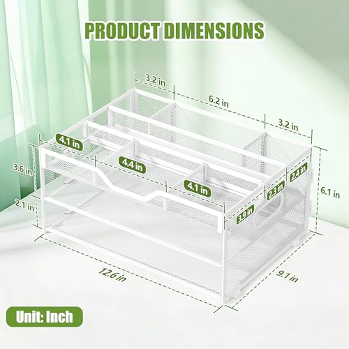 3-Tier Letter Paper Tray Desk Organizer, White Desktop File Rack Holder with 3 Drop in Pencil Holder and Sliding Tray for Office Classroom and Home Supplies Organization Storage - color: White-3