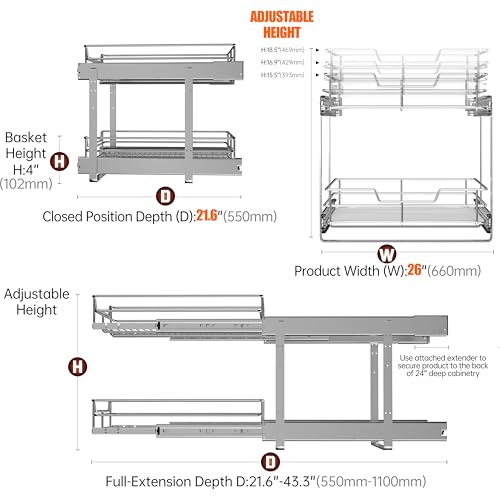 JOWBOOW (26" W x 22" D 2-Tier Cabinet Roll Out Shelves | Extra Wide Slide Out Drawers for Kitchen Cabinets, Heavy Duty Pull Out Cabinet Organizer 22 Inch Deep - size: 26 x 22 Inch