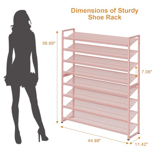 Large Shoe Rack 8 Tier Shoe Organizer, Heavy Duty Metal 4-Tier Stackable Shoe Storage Vertical Shoe Rack for Closet Front Door Entrance, Up to 50 Pairs, 44.8" W x 11.4" D x 56.7" H, Pink - color: Pink, size: 8 Tier