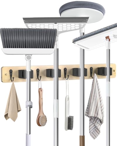 Broom Holder Wall Mounted, Light Wood 4 Holders and 4 Hooks Mop Holder, Wooden Mop and Broom Holder with Anti slip rubber, Natural pine wood Brush Holder, Mop Wall Holde with Nail installation - color: Light Wood, size: 1 Pack