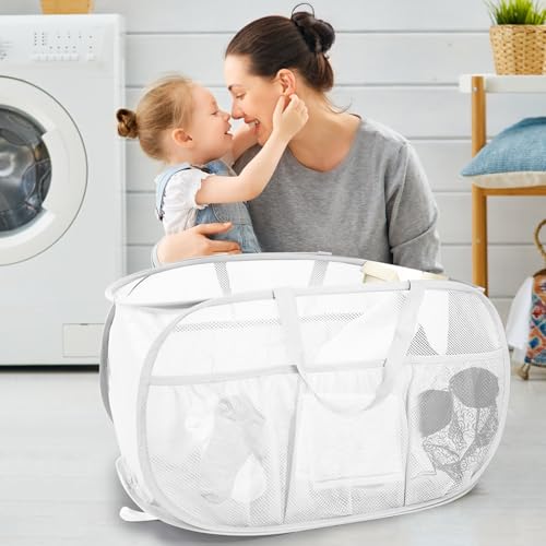 2 Pack Collapsible Laundry Baskets, Upgrade Pop Up Laundry Hamper with Convenient Bags, Foldable Laundry Basket Mesh Light Weight, Easy to Carry Clothes Hampers for Laundry, Dorm, Toys, Travel White - color: 2xWhite