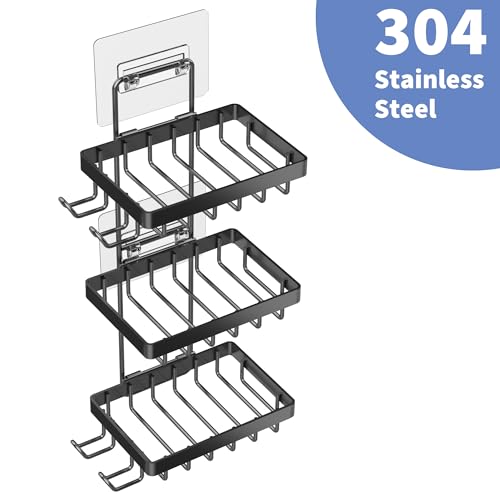 Moforoco 3-Tier Black Soap Bar Holder for Shower, No Drilling, 304 Stainless Steel, Wall Mounted Soap Holder with 4 Hooks and Razor Holder, Shower Rack Soap Tray Bar Soap for Bathroom Accessories - color: Black, size: 3-T