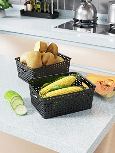 WYT Woven Storage Organizer Basket, 6-Pack Black Plastic Weave Baskets, 10.1 x 7.55 x 4.1 - color: Black, size: 6-Pack