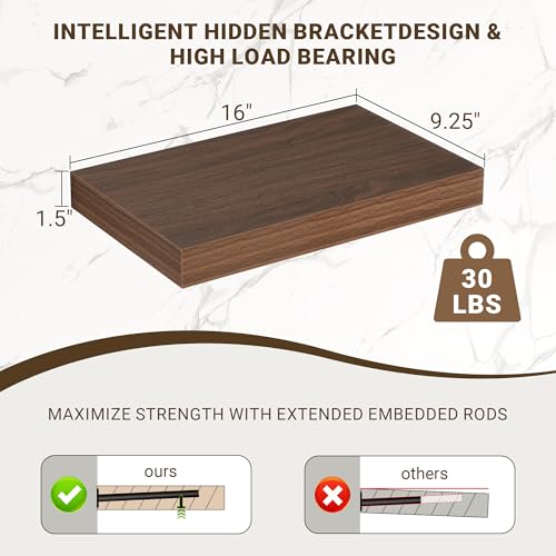 Acovy 16 Inch Floating Shelves, 16"x9.25"x1.5" Inch Deep Floating Shelves for Wall, Wooden Shelves for Bathroom, Bedroom, Living Room, Walnut, 2 Pieces - color: Walnut, size: 16"x9.25"-2pcs