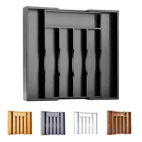 Bellsal Black Silverware Organizer Kitchen Drawer Organizer Expandable Bamboo Utensil Holder Cutlery Tray for Kitchen Utensil and Flatware Bedroom Office - color: Black, size: 7 Slots Expandable