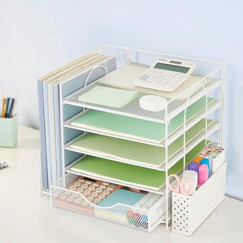 Desk Organizer with Drawer and Pen Holder, 5-Tier Paper Letter Tray Organizer with File Holder, Suitable for Workspace Organizer Office Supplies Storage (White) - color: White