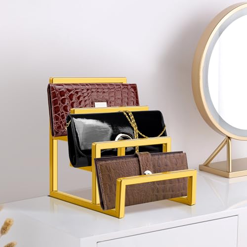 GRETJOB 2 Pack Wallet Display Stand, 3 Layer Metal Gold Purse Display Stand, Wallet & Purse Display Rack, Purse Organizer for Closet Handbag Purse Home Retail Store Boutique Supplies (Gold, 2 Pack)