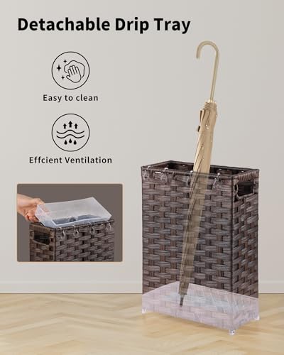 Rattan Umbrella Stand, Umbrella Holder for Entryway, Hand Woven Umbrella Rack Organizer Freestanding, with a Detachable Drip Tray, 4 Hooks, 11.8" L x 5.5" W x 16.5" H - color: Brown, size: M(11.8" L x 5.5" W)