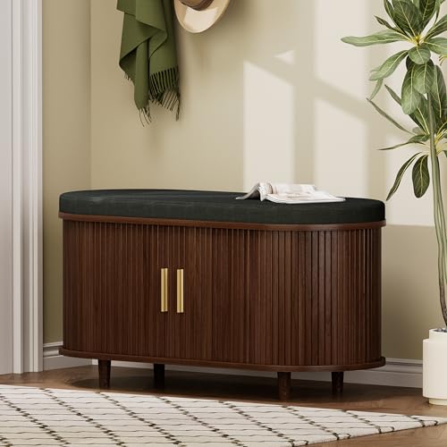 DHH 2-Tier Storage Bench,Wide Shoe Bench with Thickened Padded Seat Cushion, Mid Century Modern Fluted Sliding Door and Adjustable Shelf, for Entryway, Living Room, Bedroom (Walnut, 35.4“) - color: Walnut, size: 35.4 inch