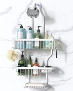 YASONIC Never-Rust Aluminum Hanging Shower Caddy – Over-the-Showerhead Organizer with 10 Hooks for Razor and Sponge – Includes Soap Basket – White - color: White