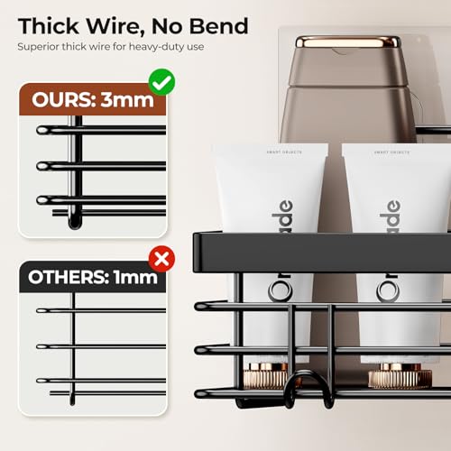 Orimade Shower Caddy with 5 Hooks for Hanging Razor and Sponge Adhesive Shower Shelf Basket Bathroom Storage Organizer Kitchen Rack No Drilling Stainless Steel Rustproof - 2 Pack,Black - color: Black - 2 Pack