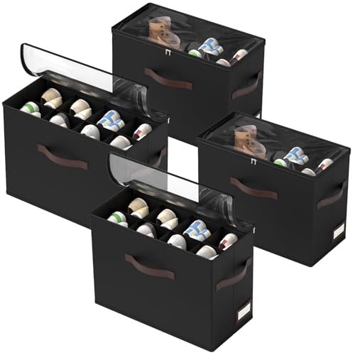 OIAHOMY 4 Pack Shoe Organizer for Closet, Foldable Shoe Storage Bins with Adjustable Dividers, Stackable Oxford Cloth Sneaker Boxes for Entryway Bedroom, Fits Up to 32 Pairs, Black - color: Black, size: 4 Pack