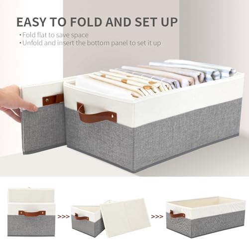 6 Pack Closet Storage Bins, Storage Baskets for Shelves, Linen Closet Organizers and Storage with Leather Handles for Clothes,Towels, Sheets, Jeans, Toys, Books (Grey and White) - style: 6 Pack Grey & White