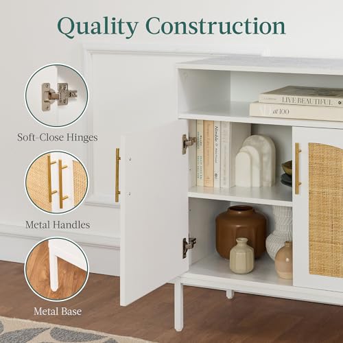 Best Choice Products Rattan Sideboard Buffet Cabinet, Entryway Table, Accent Storage Cabinet, Console Table for Hallway, Living Room, Dining Room - White - color: Arched Rattan, White