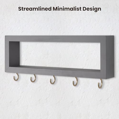Lwenki Wall Shelf with Hooks - Decorative Key and Wallet Holder for Wall Holds Sunglasses, Leashes, Scarves and Lanyards - 15.7" x 5.1" x 2.9" Entryway Organizer Made of Paulownia Wood (Gray) - color: Grey