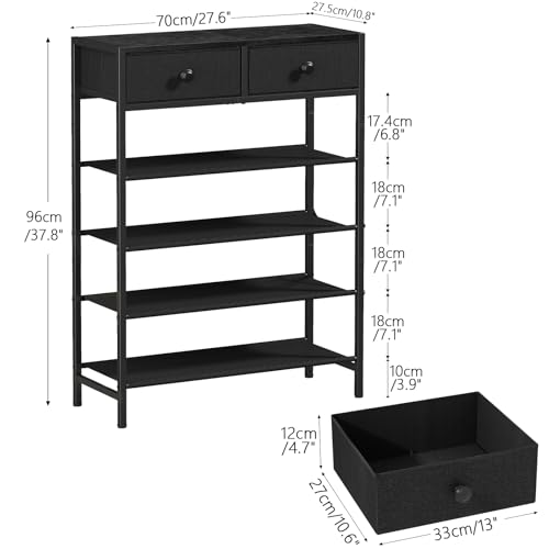 Shoe Rack, 5 Tier Shoe Organizer with 2 Drawers, Metal Shoe Storage for 16-20 Pairs of Shoes with Fabric Shelves and Wooden Top, Narrow Shoe Shelf for Closet Entryway Black - color: Black, size: 5 Tier(27.6 × 10.8 × 37.8)