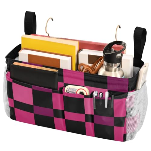 Bedside Caddy Metal Frame Hanging Organizer Bunk Bed Dorm Accessories Hook And Loop Storage Bag Large Pockets Checkered Dark Pink and Black - color: Checkered Dark Pink and Black