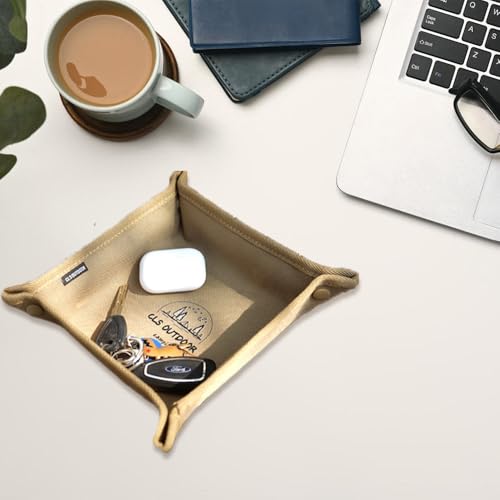 OULIGET Outdoor Folding Home Desktop Storage Tray,Jewelry Fast Folding Storage Tray,Outdoor Camping Canvas Trays,1 Piece，Khaki