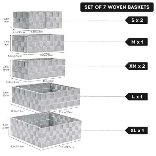 Posprica Small Baskets for Organizing(7 Set) Woven Storage for Shelves, Bathroom, Decorative Closet Organizer, Dresser Bins, Shelf - color: Gray-7pcs