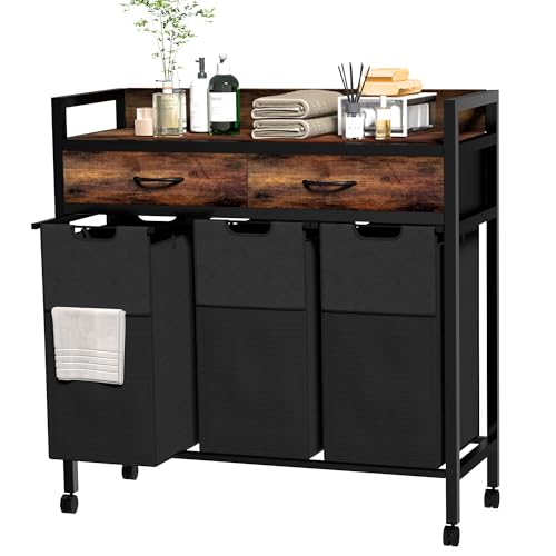 Laundry Sorter 3 Section,144L Hamper with Non-Woven Drawers,360° Rolling Laundry Basket,Pull-Out and Removable Oxford Fabric Laundry Bags,Rustic Brown and Black