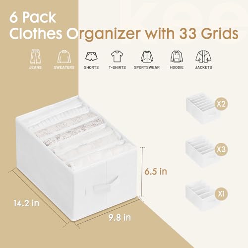 Criusia 6 Pack Large Clothes Organizer, Wardrobe Closet Organizer and Storage with Handles, Foldable Fabric Closet Organizers Dividers for Clothing, Pants, Jeans, Sweater, T-shirts, White - color: White