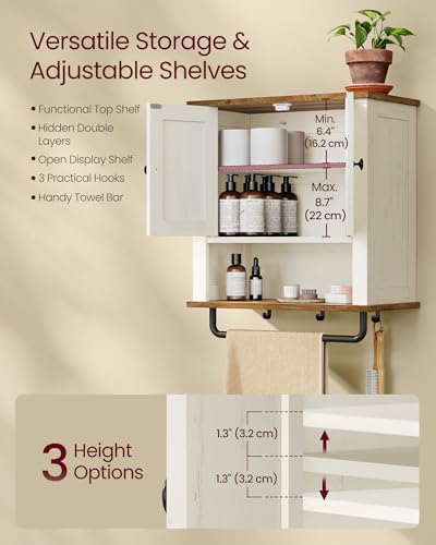 VASAGLE LIRY Collection - Bathroom Wall Cabinet, Farmhouse Wall-Mounted Medicine Storage Cabinet with 2 Barn Doors, Adjustable Shelf, Towel Bar, 7.9 x 18.1 x 24 Inches, Rustic White UBBK132W01S - size: 7.9"D x 18.1"W x 24"H