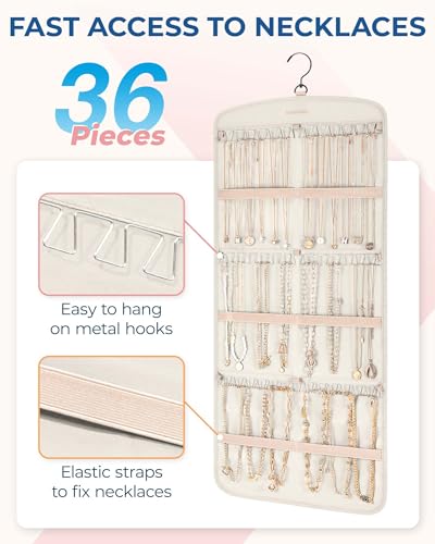BAGSMART Hanging Jewelry Organizer, Necklace Holder Anti-tangle Earrings Rings Hanger with Pockets Hang on Closet, Wall, Door,1 Piece, Large Beige - color: Beige, size: Large - Standard
