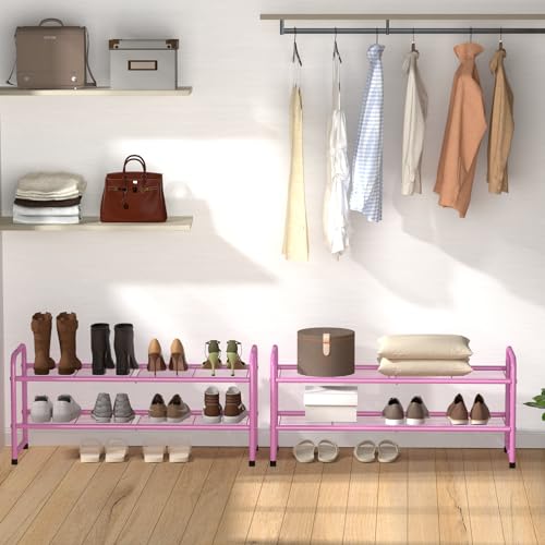 SUFAUY 2 Tier 33" Wide Shoe Rack, Closet Metal Wire, Stackable, Pink - color: Pink, size: 2 Tier