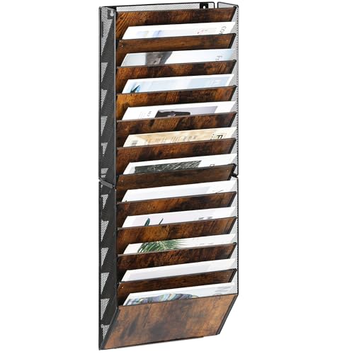 TQVAI 12-Pocket Hanging Wall File Organizer - Metal Folding Wall Mounted Mail Document Holder, Multi-Purpose Clipboard Storage Rack for Office, Homeschool, Classroom Organization, Black/Vintage - size: 12 Pockets