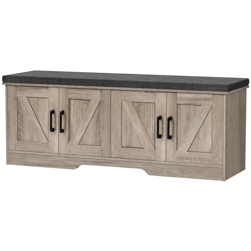 HOMSHO 2-Tier Storage Bench, 47.2" Wide Shoe Bench with Padded Seat Cushion, Entryway Bench with 4 Barn Doors and Adjustable Shelf, Greige - color: Greige, size: 47.2" Wide