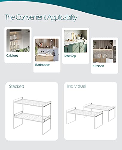 Shantton 2Pack Cabinet Shelf Organizer Storage Rack Space Saving for Kitchen Counter Pantry Bathroom Cupboard Under Sink Office Table Desk Steel Stackable Rust Resistant Heavy Duty Nonslip 16” White - color: White, size: L16" W8.3" H7.3"