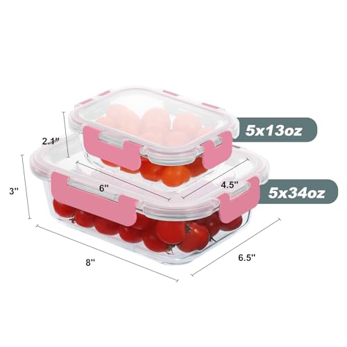 KOMUEE 10 Pack Glass Food Storage Containers, Meal Prep Containers with Lids, Airtight Glass Lunch Boxes, Freezer, Oven, and Microwave Safe, Pink - color: Pink