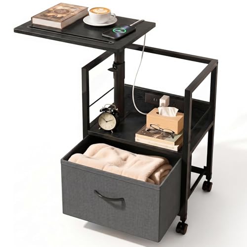Faesun Swivel Lift Top Nightstand with Charging Station, Rolling Side Table for Recliner, Bedside Table with Wheels & a Fabric Drawer, for Small Spaces, for Bedroom, Living Room, Black Gray - color: Black Gray, size: 1 Drawer