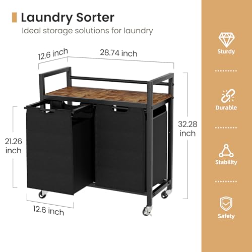 SwaaVee Laundry Hamper, Laundry Basket, Laundry Sorter with 2 Removable Bags, Clothes Basket with 2 Compartments, Wheels, Shelf for Laundry Room Bathroom Bedroom (2 Bags-Black) - color: 2 Bags-Black