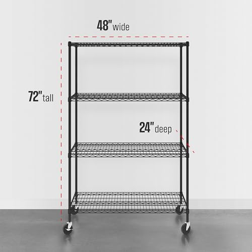 SafeRacks - NSF Certified Storage Shelves, Zinc, Heavy Duty Steel Wire Unit with Wheels and Adjustable Feet, Garage or Bakers Rack, Kitchen, Pantry Shelf - (24"x48"x72" 4-Tier) (Black) - color: Black, size: 24"x48"x72" 4-Tier