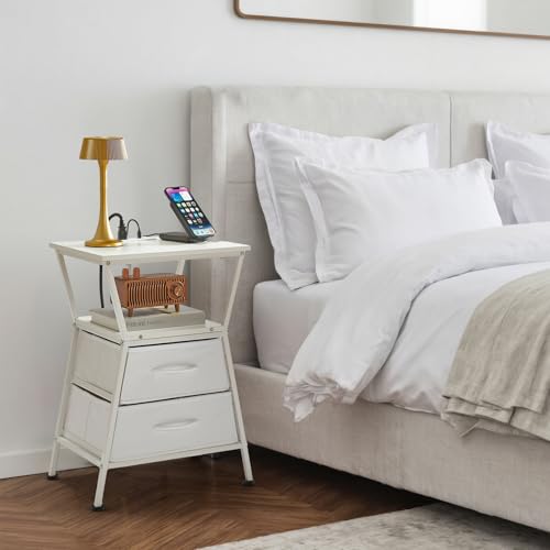 Nightstand with Charging Station, Side Tables for Bedroom with Built-in USB Side Table with 2 USB Ports and Outlets Nightstand with Cloth Drawer End Tables Living Room Sofa Couch - color: White With Socket