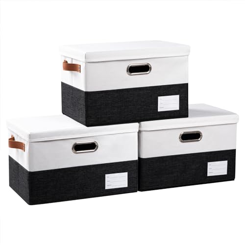 PRANDOM Foldable Storage Bins with Lids [3-Pack] Fabric Collapsible Storage Boxes Baskets Cubes Containers with Handles for Closet Living Room Bedroom (Black & White 14.9x9.8x9.8'') - color: Black & White, size: M(3-Pack)