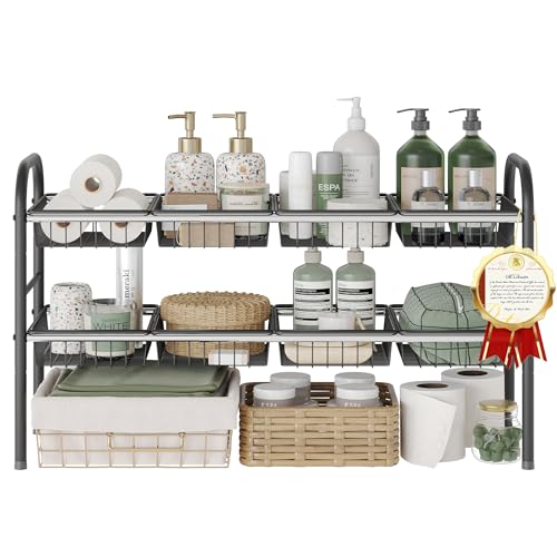 NETEL Under Sink Organizers and Storage, 2 Tier Expandable Under Cabinet Organizer Shelf with 8 Baskets, Expandable Shelf for Cupboard, Kitchen, Bathroom, Shoe Storage Rack - size: 8 Metal Baskets