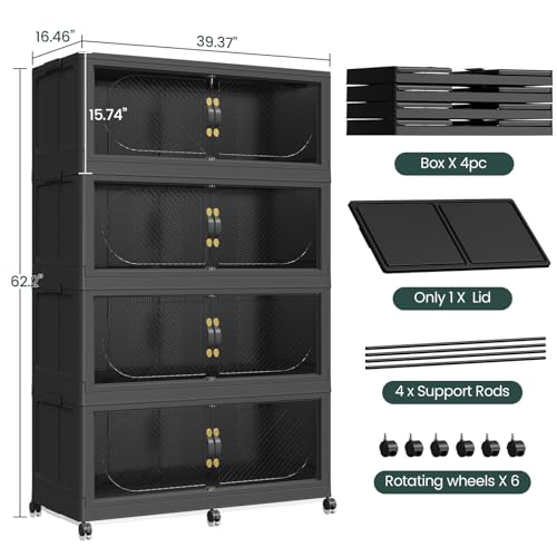 320GAL Plastic Storage Bins with Lid, 1280QT Extra Large Stackable Closet Organizers and Storage, Collapsible Storage Boxes with Wheels, Folding Cabinet for Home Kitchen Office, 4Pack Black - color: 80Gal-Black, style: 4Pack