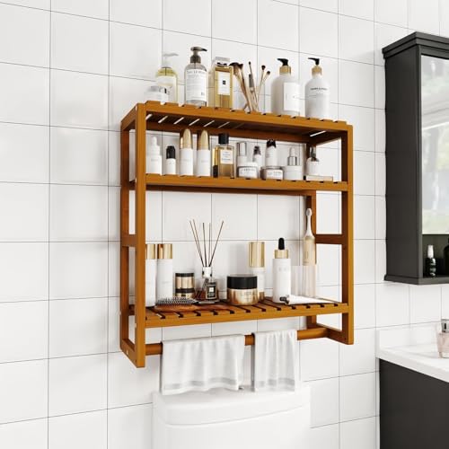 Galood Over The Toilet Storage Bathroom Shelves Wall Mounted 3 Tier Space Saver Corner Shelf Organizer Bamboo Towel Rack Toilet Paper Cabinet with Hanging Rod Brown - color: Brown 1pack, size: Standard