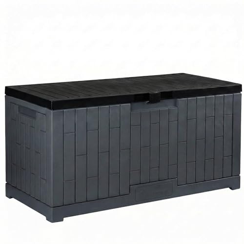 YITAHOME Large Outdoor Storage Box, 120 Gallon Waterproof Resin Deck Box w/Slide-Locking Black Lid, Patio Storage Bin and Bench Seat for Garden Tools, Cushions &Pool Supplies, Easy Assembly, Dark Gray - color: Dark Gray, size: 120 Gallon, style: Deck Box