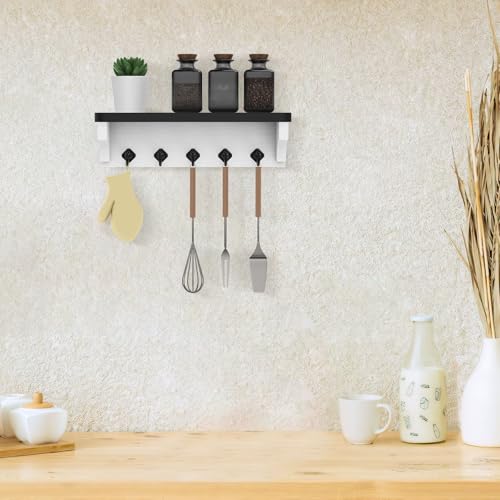 Nekon Key Holder for Wall, 11.8" W x 3.5" H x 2.8" D Decorative Key Organizer with Floating Shelf, Wall Mount Key Rack with 5 Hooks (Black) - color: Black