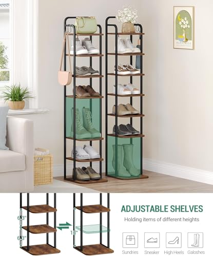 Hzuaneri 8 Tiers Vertical Shoe Rack, Narrow Shoe Tower, Tall Shoes Shelf with 2 Hooks, Adjustable Shelves, Corner Shoes Shelves for Small Spaces, Entryway, Living Room, Rustic Brown SR04301B - color: Rustic Brown and Black, size: 8 Tier(11.8"D x 10.4"W x