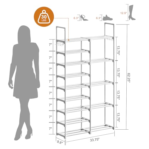 WOWLIVE 9 Tiers White Shoe Rack for Closet Shoe Rack Storage Organizer for Entryway 30-35 Pairs Stackable Shoe Shelf for Front Entrance Metal Pipes with Plastic Connectors - color: White, size: 2 Row 9 Tier