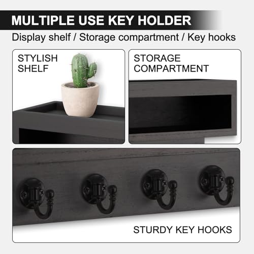 Key and Mail Holder Wall Mount, Key Hanger with Long Storage Box and 6 Hooks for Coat, Dog Leash, Home Decor Rack, House Accessories, Entry Way Organizer (Black) - color: Black
