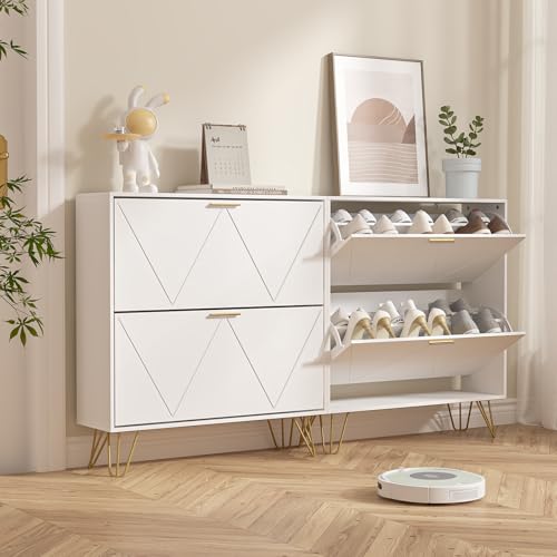 LYNSOM 2er Set Shoe Cabinet with 4 Flip Drawers, White Shoe Storage Cabinet, Slim Wooden Freestanding Shoe Rack, Shoe Organizer with Fluted Panel for Entryway Hallway - color: White, size: Set of 2